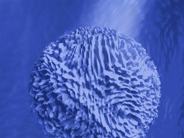 An abstract illustration of a blue textured 3D sphere on abstract background.