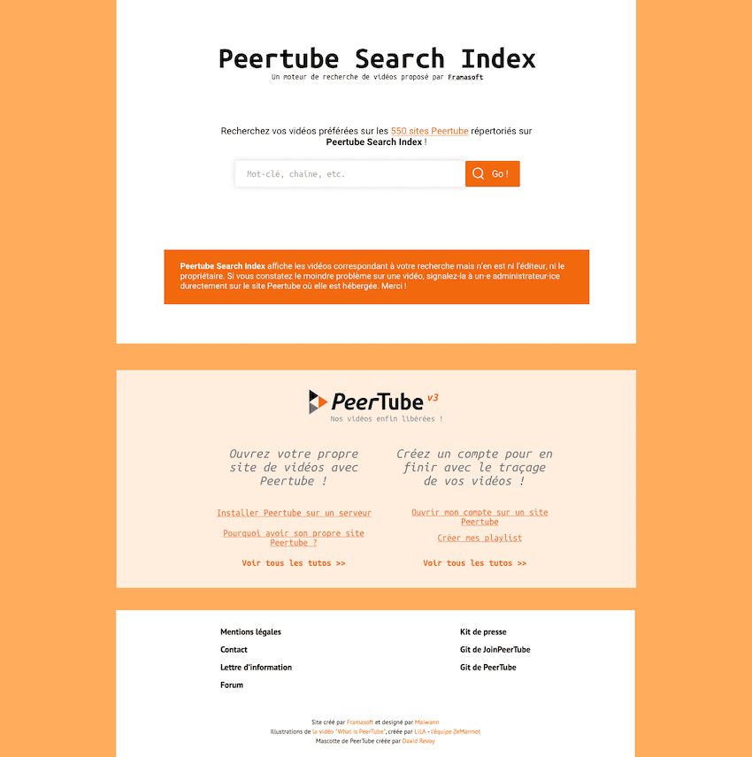 Capture d'écran d'un prototype réalisé dans le cadre du projet montrant un contenu quasiment similaire à la page existante disponible à l'adresse https://search.joinpeertube.org/