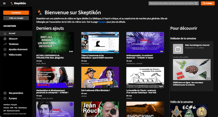 Capture d'écran de l'instance PeerTube Skeptikon.fr avec éditorialisation de la page d'accueil selon leurs besoins.
