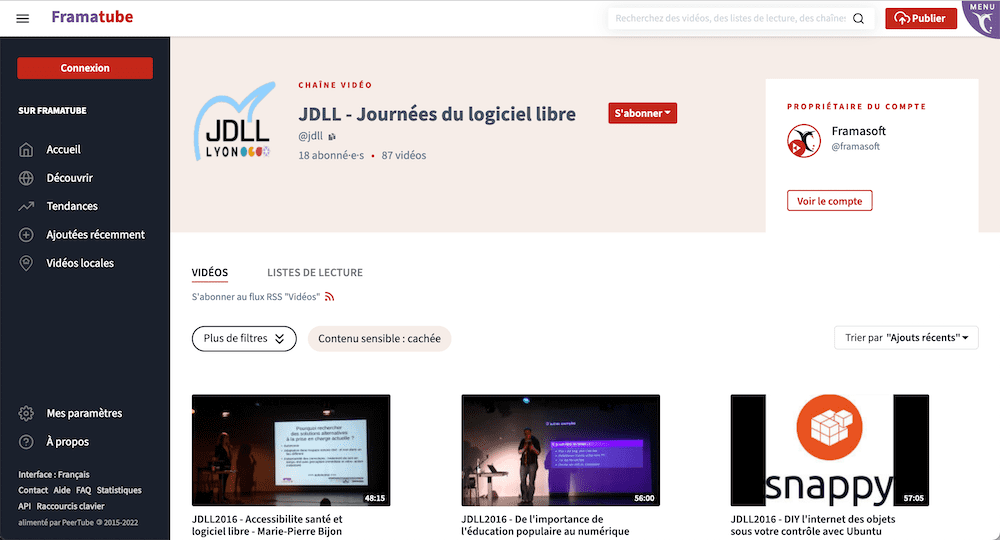 Capture d'écran de la chaine PeerTube "Journées du Logiciel Libre" sur l'instance Framatube