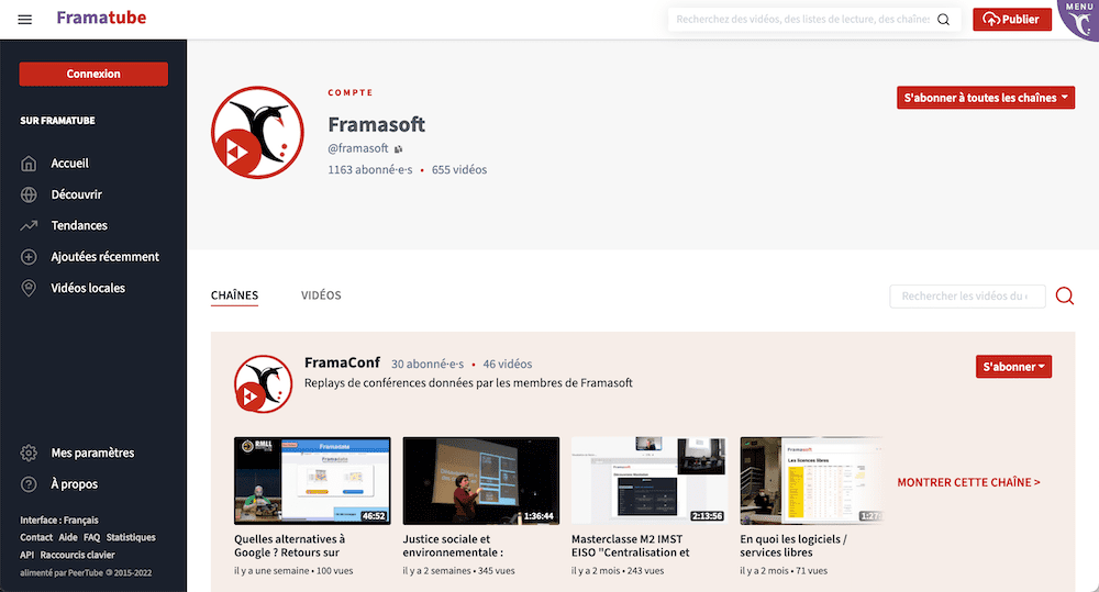 Capture d'écran de la page du compte Framasoft, sur l'instance Framatube.